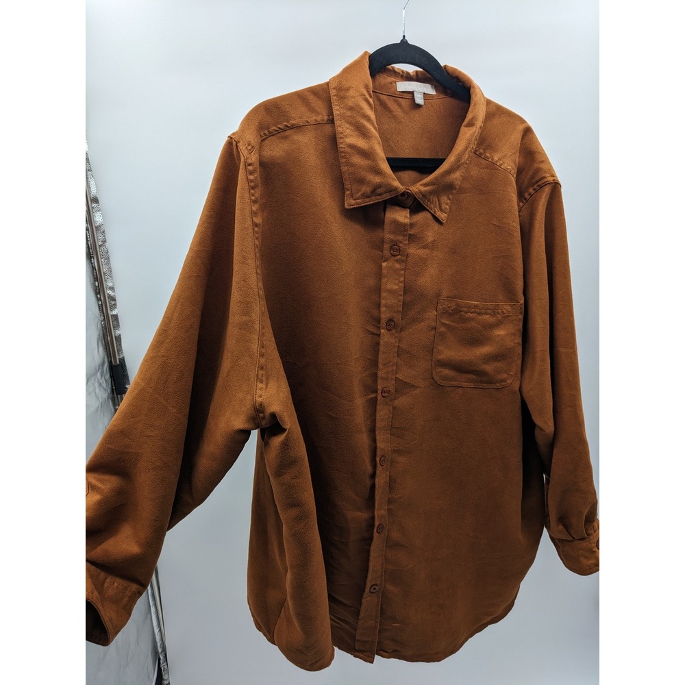 Woman Within Faux Suede Button Up Shirt Cognac Brown Plus Size 3X 30/32